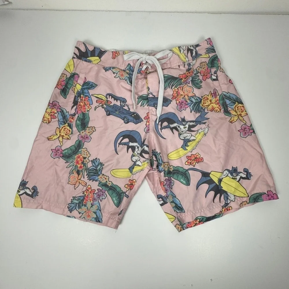 Batman‎ DC Comics Mens Pink Tropical Floral Swim Trunks Board Shorts Size M